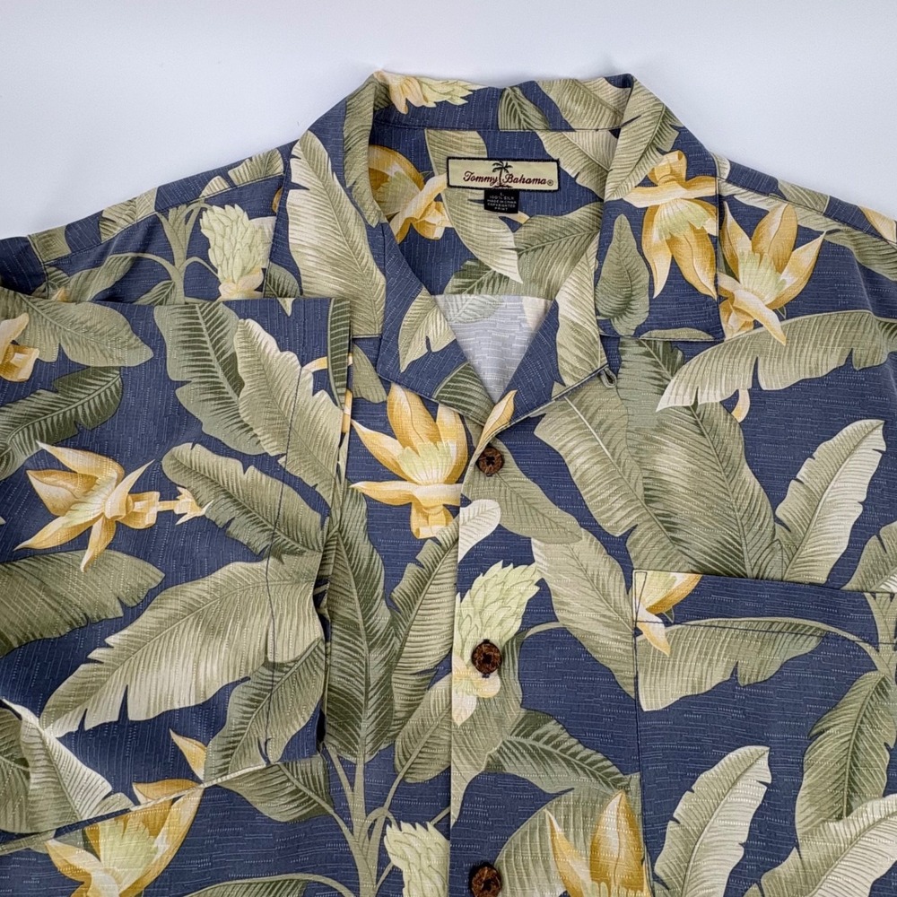 Tommy Bahama Mens Large Silk Tropical Banana Leaf Floral Camp Shirt Blue Green